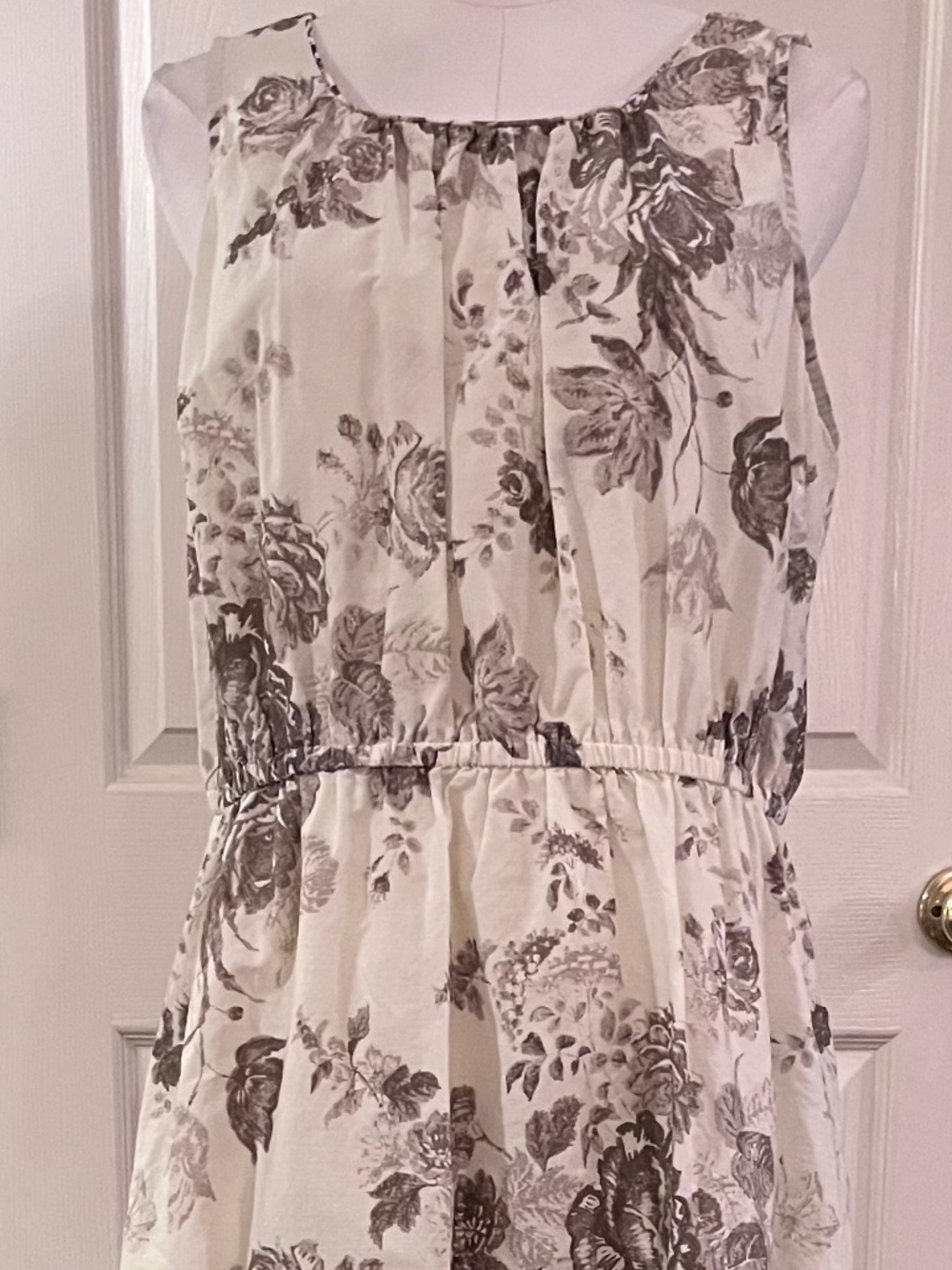 Lands' End Floral Border Print Dress Elastic Waist Ivory Black Gray- Size 12